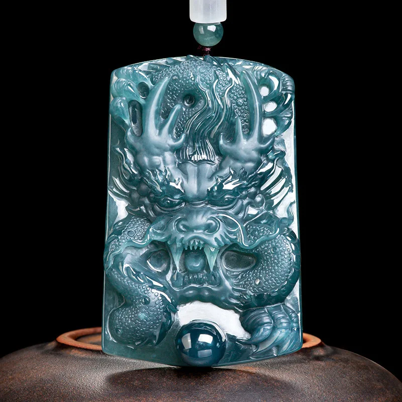 

Natural A-Grade Blue Water Jadeite "Dragon King" Pendant Ice/Nuo Texture Auspicious Dragon Motif Unisex/Mens Lucky Amulet