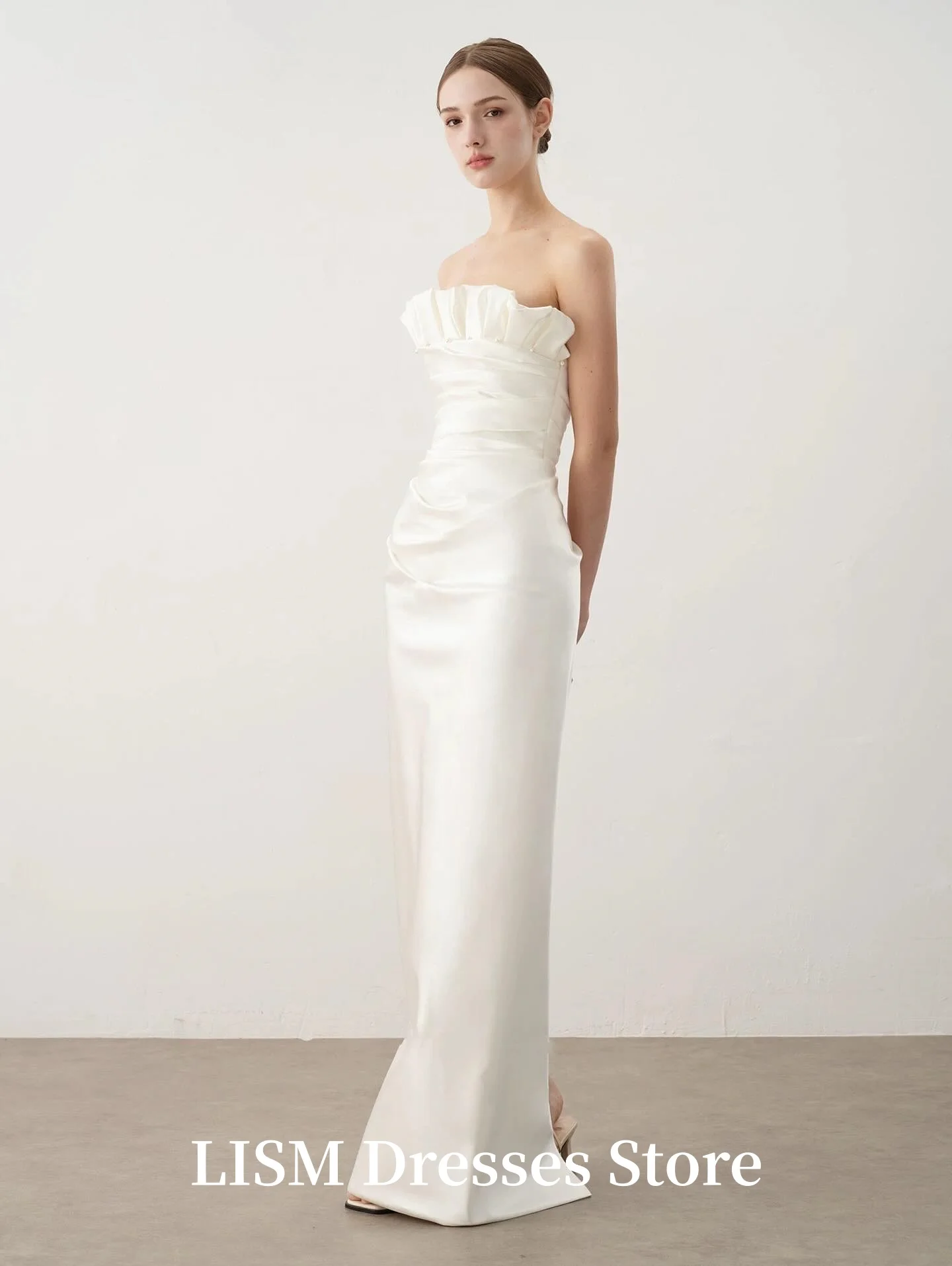 LISM Senza spalline A-Line Abiti da sposa moderni coreani Servizio fotografico Abiti da sposa progettati in raso di seta Personalizzato Cerniera