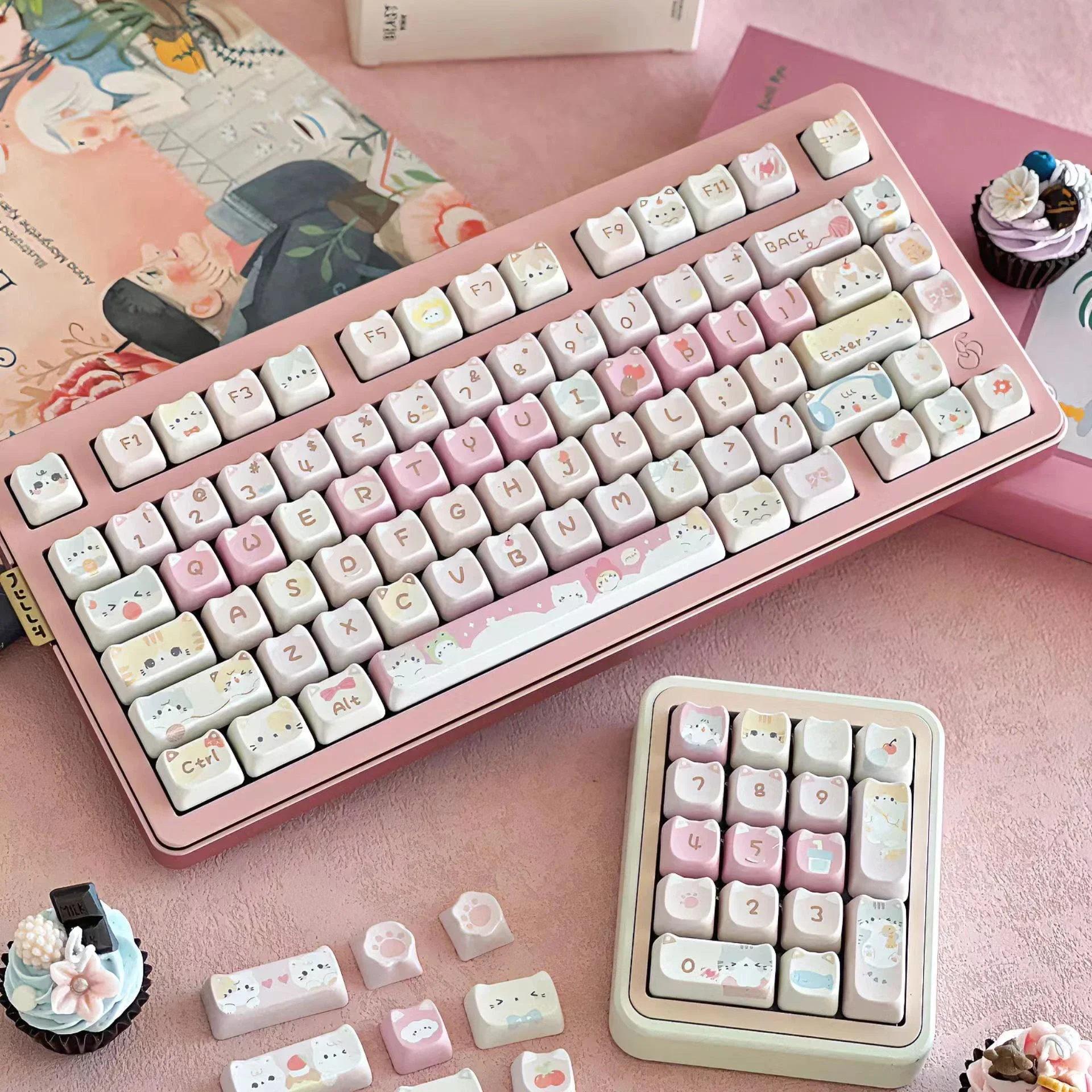 Pink Meow Keycaps Cute Cat Head MAO Cherry Profile PBT Key Cap For Gift Mechanical Keyboard KeyCap Keyboards Accessories