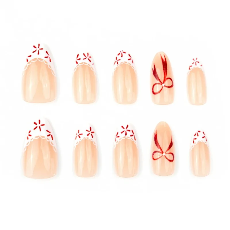 30PCS Almond Shape with Bow Fake Nails Simple White Floral Painted French Design Press on Nails Sweet Gentle Removable Manicure