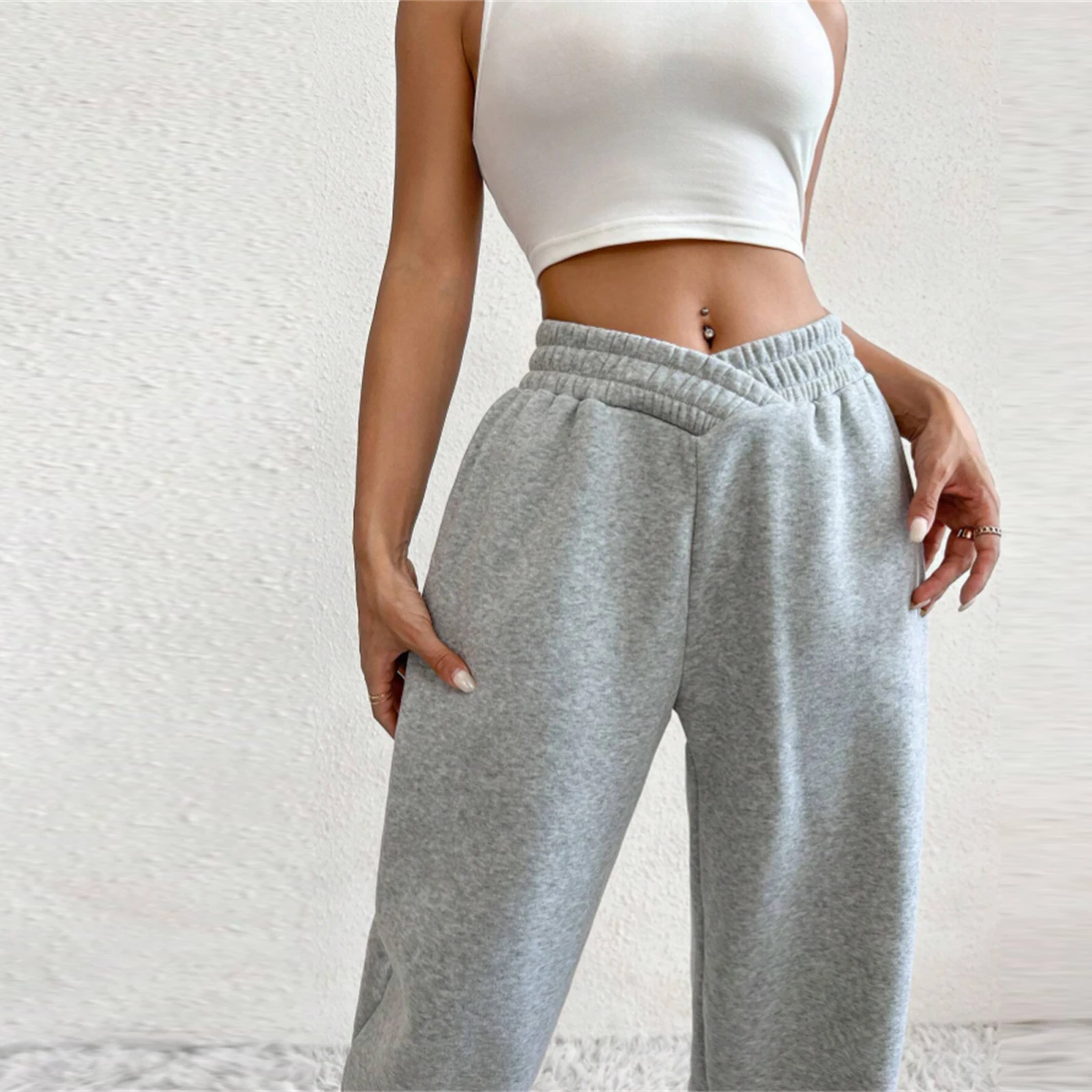 2024 Winter Fashion Women's Classic Jogger Pants Sexy V Crossover Waist Solid Color Loose Sweatpants Workout Pants Tennis Pants