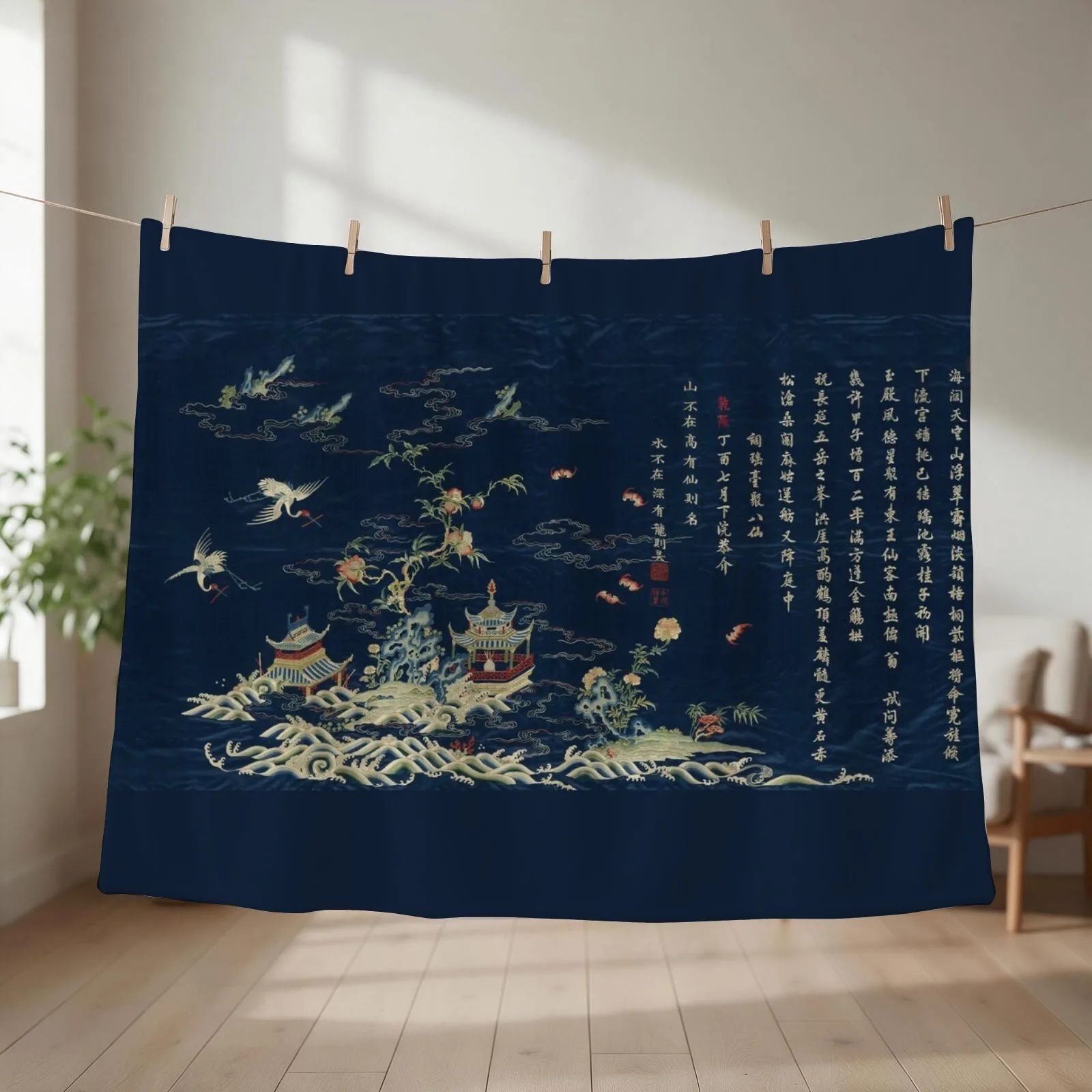 Panel with cranes over an immortal land embroidery Throw Blanket couch cozy soft plush fuzzy picnic outdoor blanket