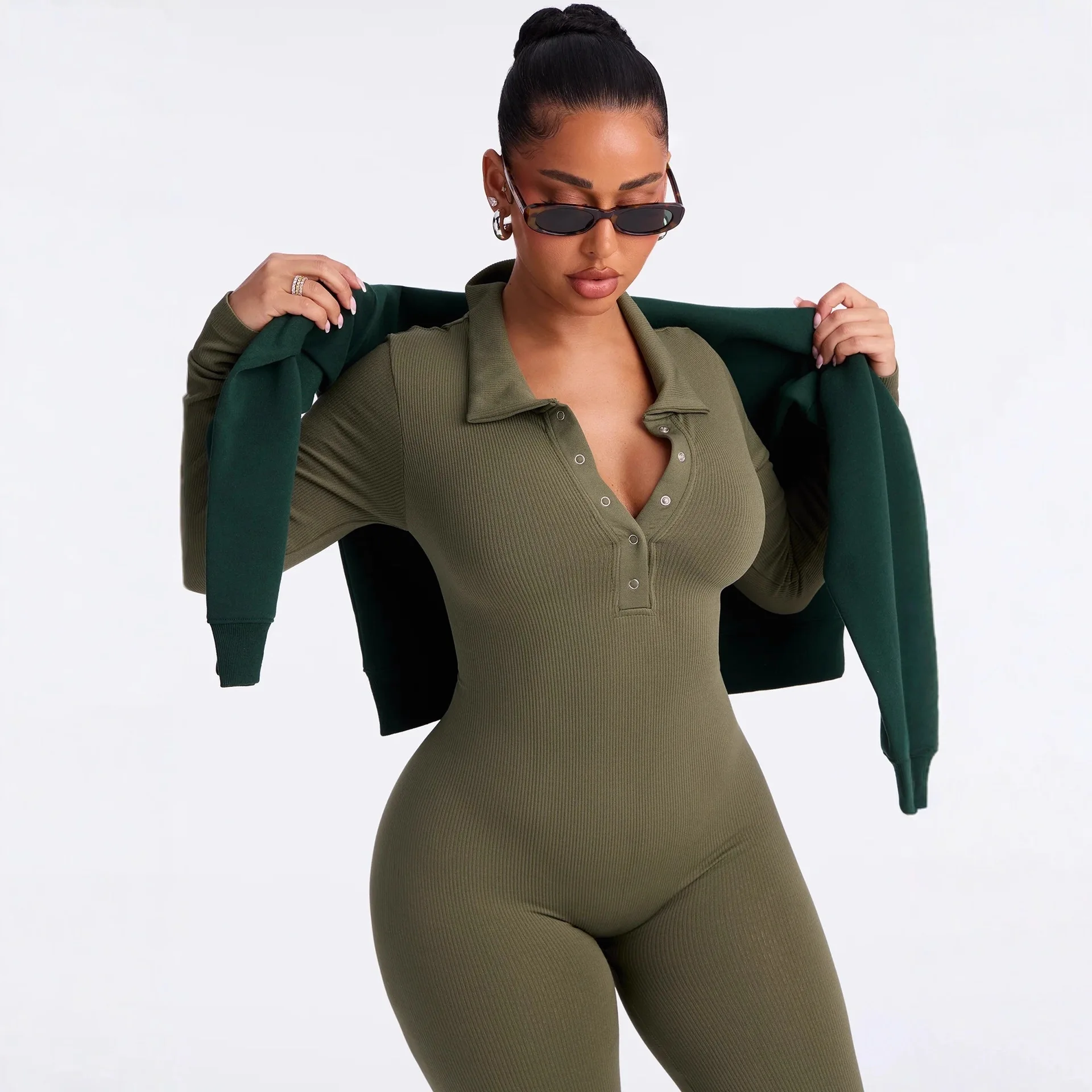 

European And American New Cross-border Fashion Solid Color Slim-fitting Sexy Elastic Lapel Button Yoga Waist Jumpsuit Jumpsuit