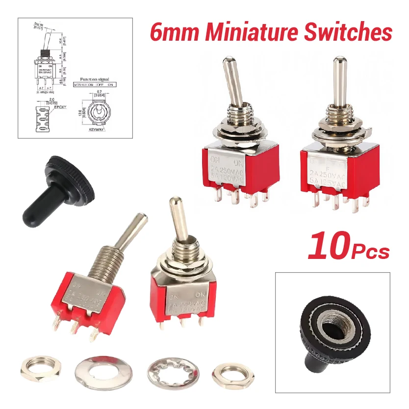 6mm Mini Toggle Switch MTS-102 103 202 203 SPDT ON-OFF-ON with Waterproof Cap 6A 125V/250V 3/6 Pin