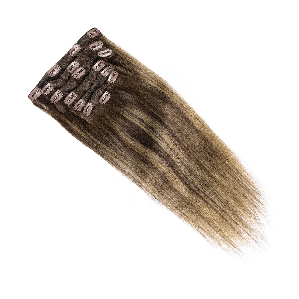 Evidenzia Clip nelle estensioni dei capelli 7 pezzi Clip per capelli lisci al 100% nelle estensioni umane capelli per le donne Clip-on capelli 14-24 pollici