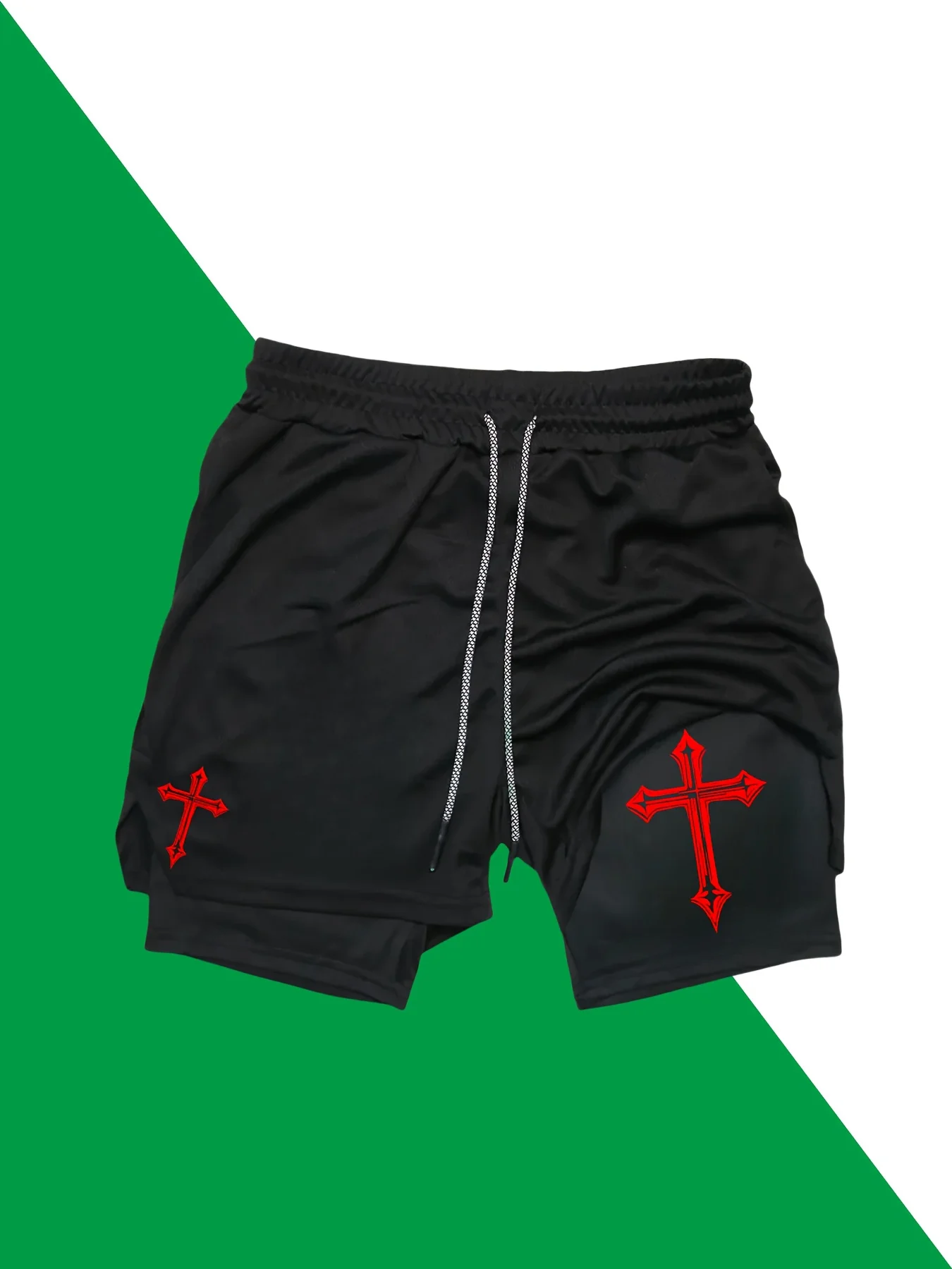 

Мужские быстросохнущие спортивные шорты 2-в-1 с ярким крестообразным принтом, дышащая эластичная ткань для бега, фитнеса