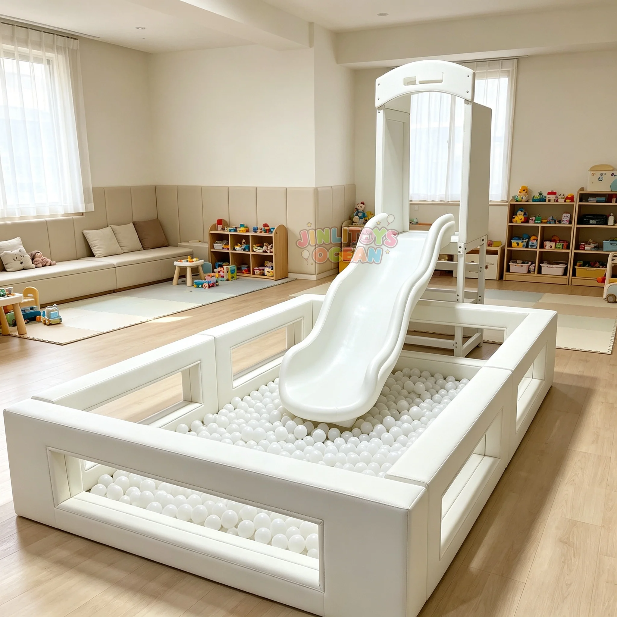 Indoor soft play set for toddlers—featuring a slide and ball pit—designed with safety-focused, impact-absorbing features.