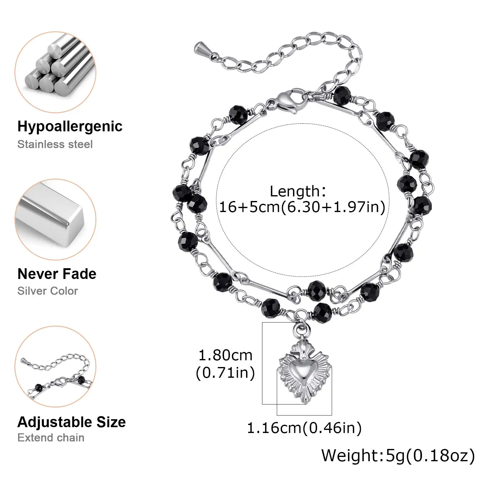 Gothic Sacred Heart Bracelet for Women, Double Layer