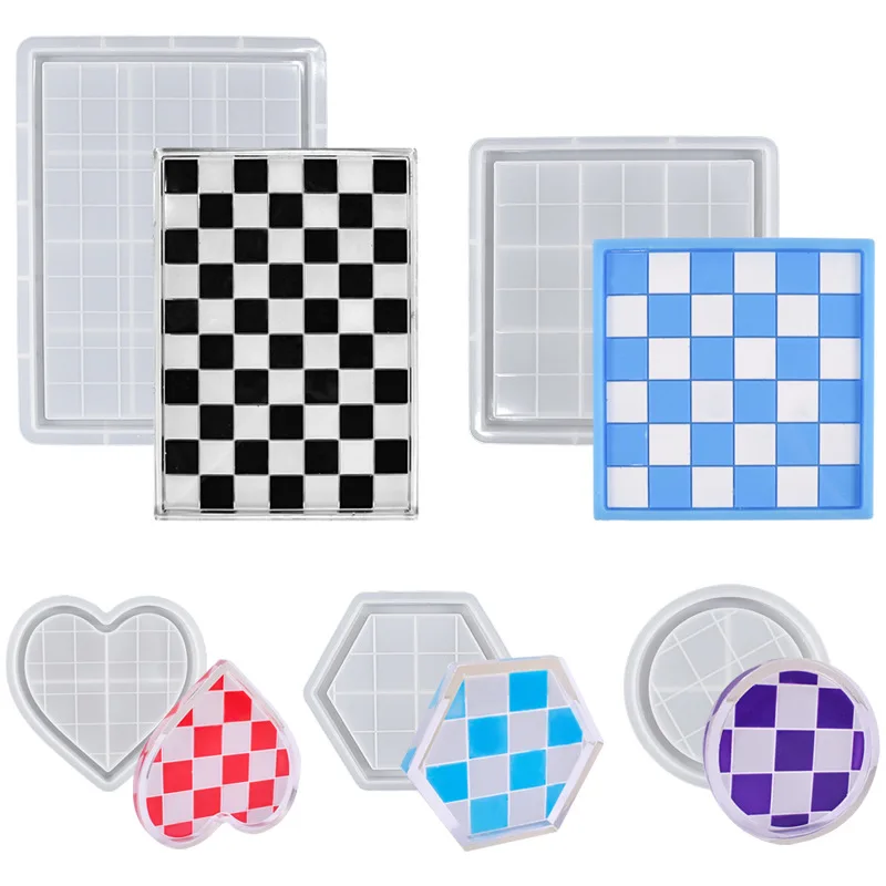 Epoxy Resin Making Mold Rectangular Square Love Round Hexagonal Chessboard Checkerboard Tray Mould  Silicone Molds for Cement