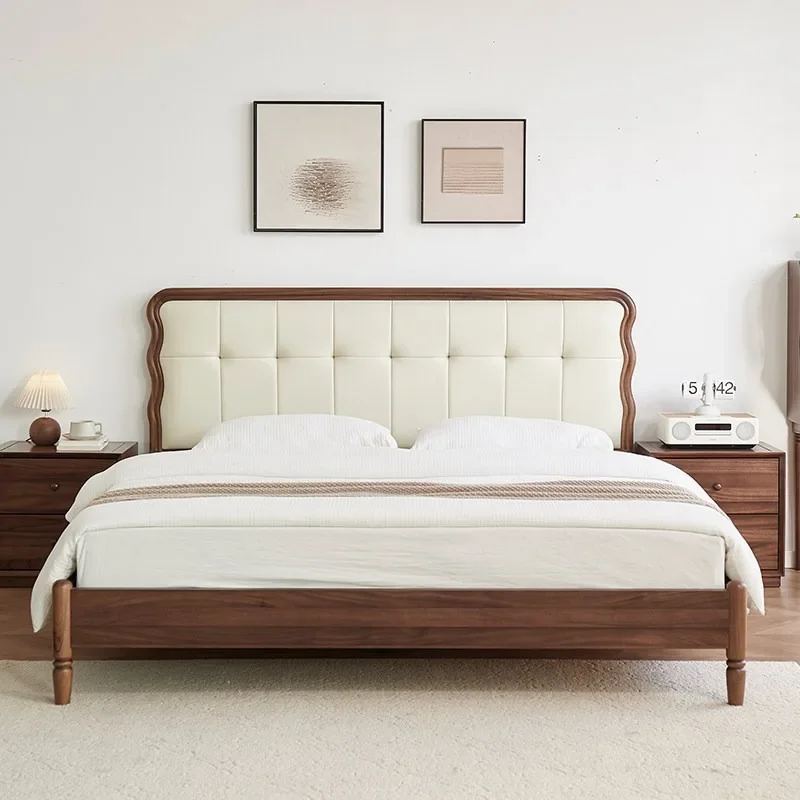 Nordic black walnut bed full solid wood simple double soft bag bedroom retro leather queen bed