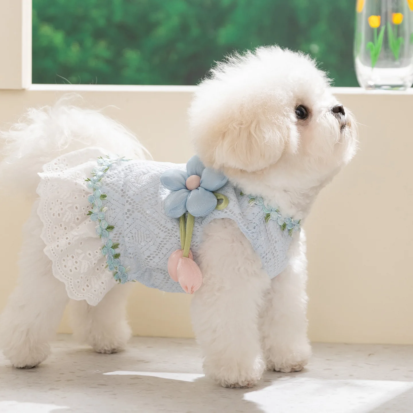 1Pcs  Spring/Summer Thin Breathable Dog Dress with 3D Flowers, Sweet Style Pet Clothing for Puppies  C232