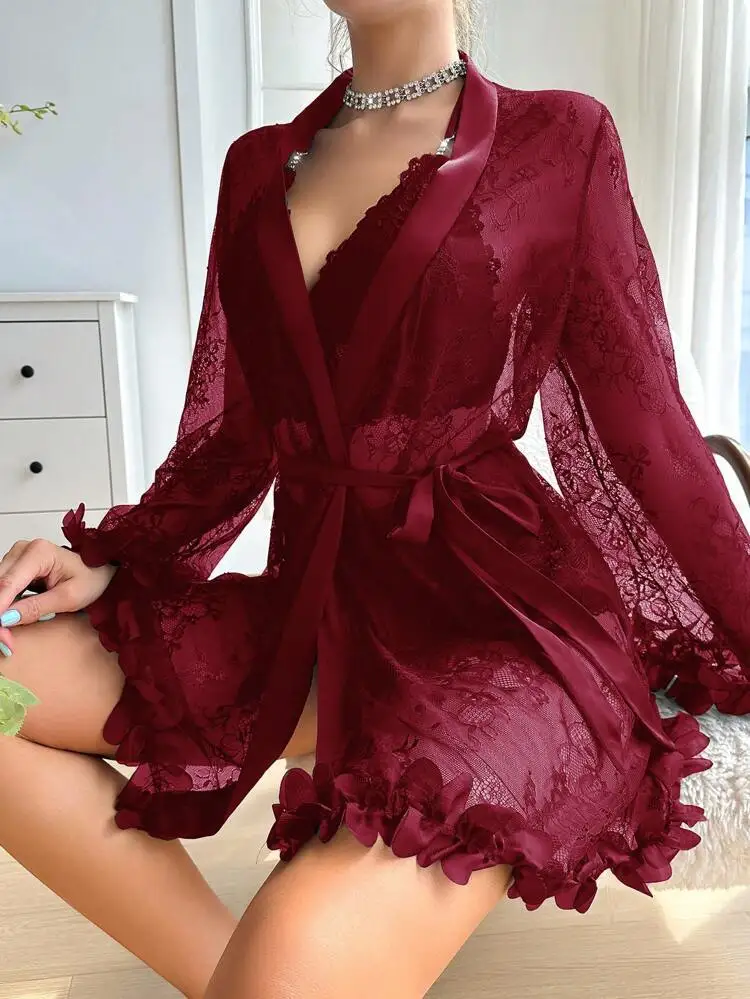 Women Sexy Robe Lingerie Set Lace V-neck Halter Bralette Underwear Suit + Transparent Mesh Bathrobe Nightwear Female Sleepwear image 6