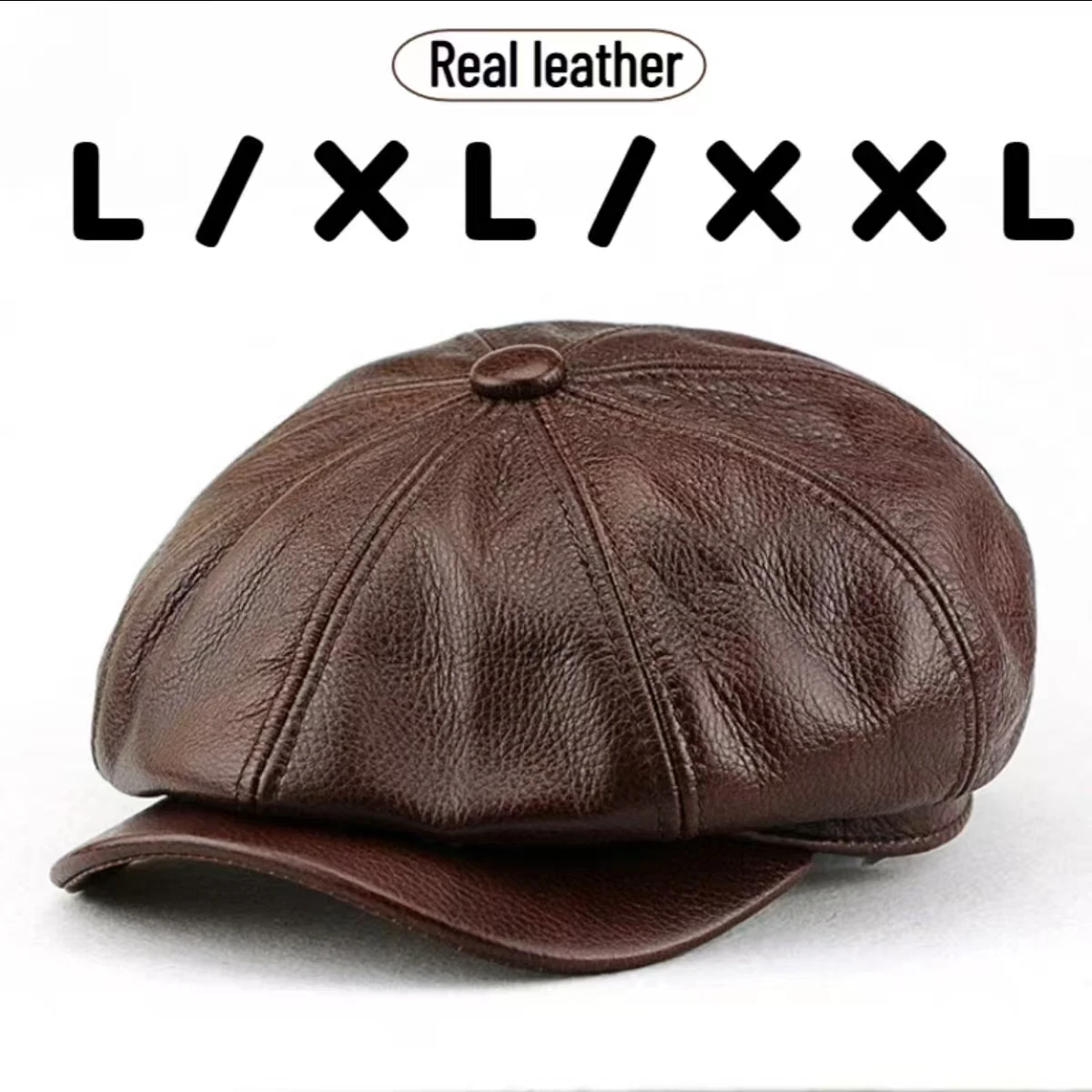 Genuine leather XXL 62cm octagonal hat; large L and XL newsboy hat; British fashion leather beret for