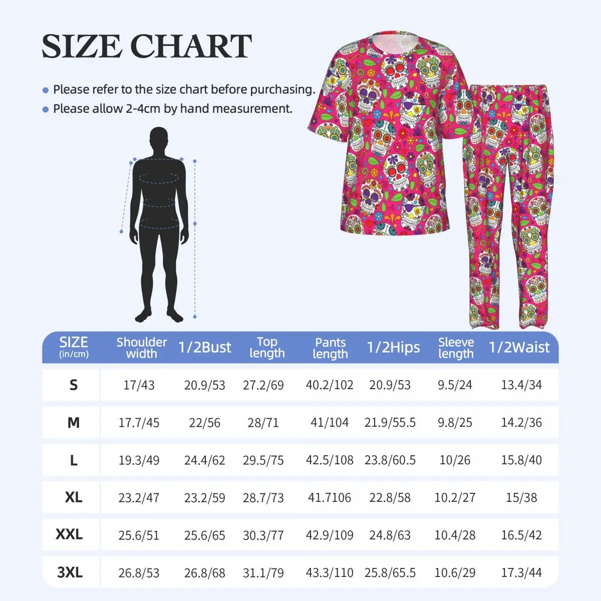 Men Pajamas Suit Short Sleeved Long Pants Day Of The Dead Sugar Skull Sleepwear Summer Home Clothing Set view 6