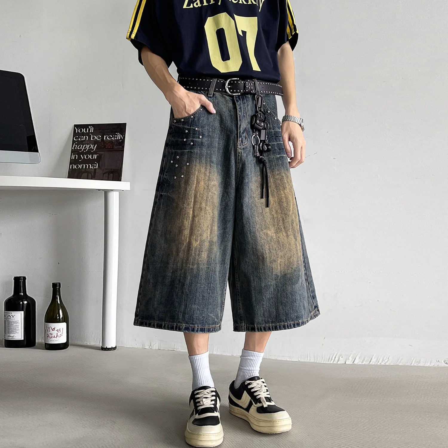 

Американские джинсы в полоску из бамбука с шипами в стиле ретро, женские летние укороченные брюки прямого кроя, свободные широкие шорты