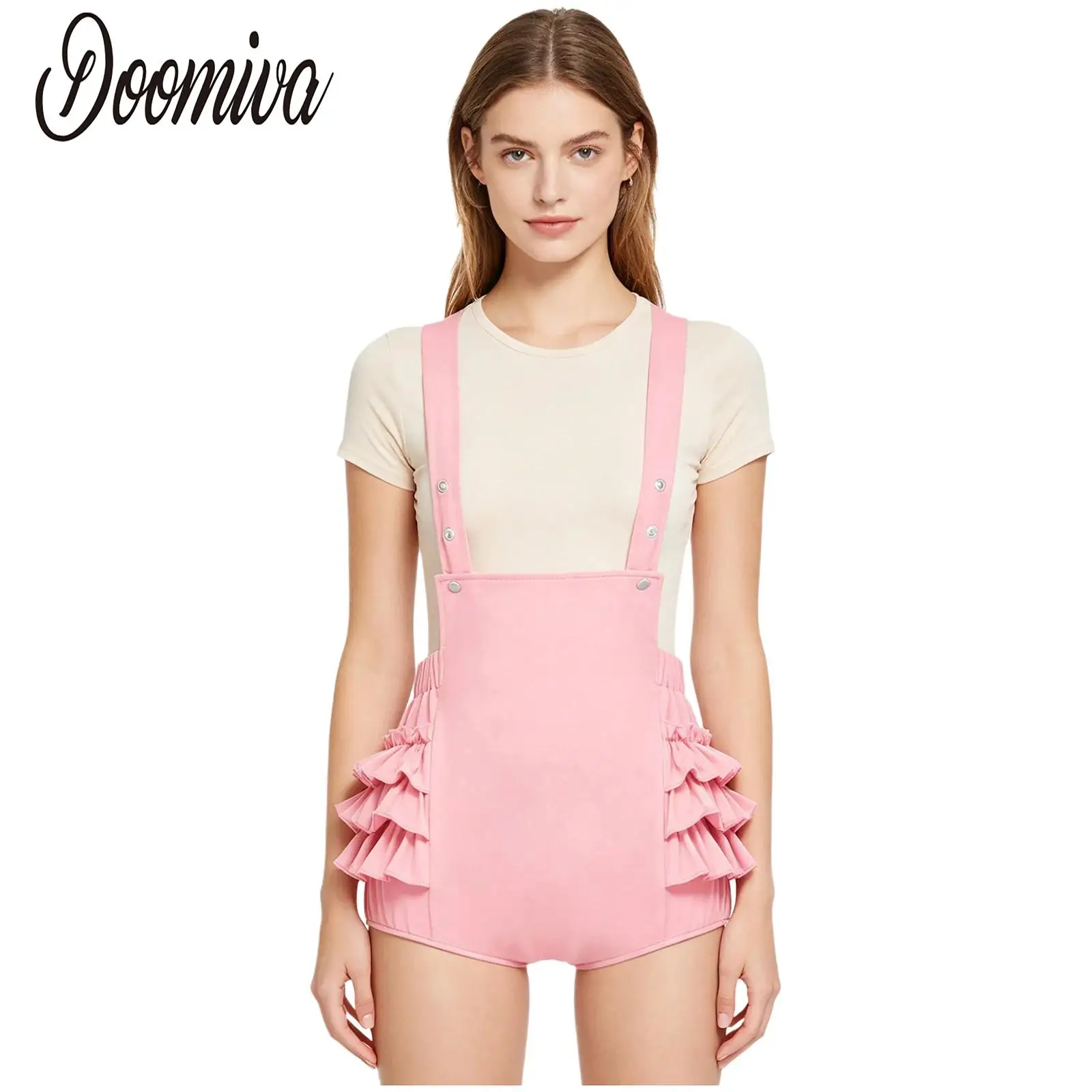 Women Ruffled Skinny Shorts Overalls Rave Dance Party Streetwear Elastic Waistband Adjustable Strap Suspender Short Bib Rompers