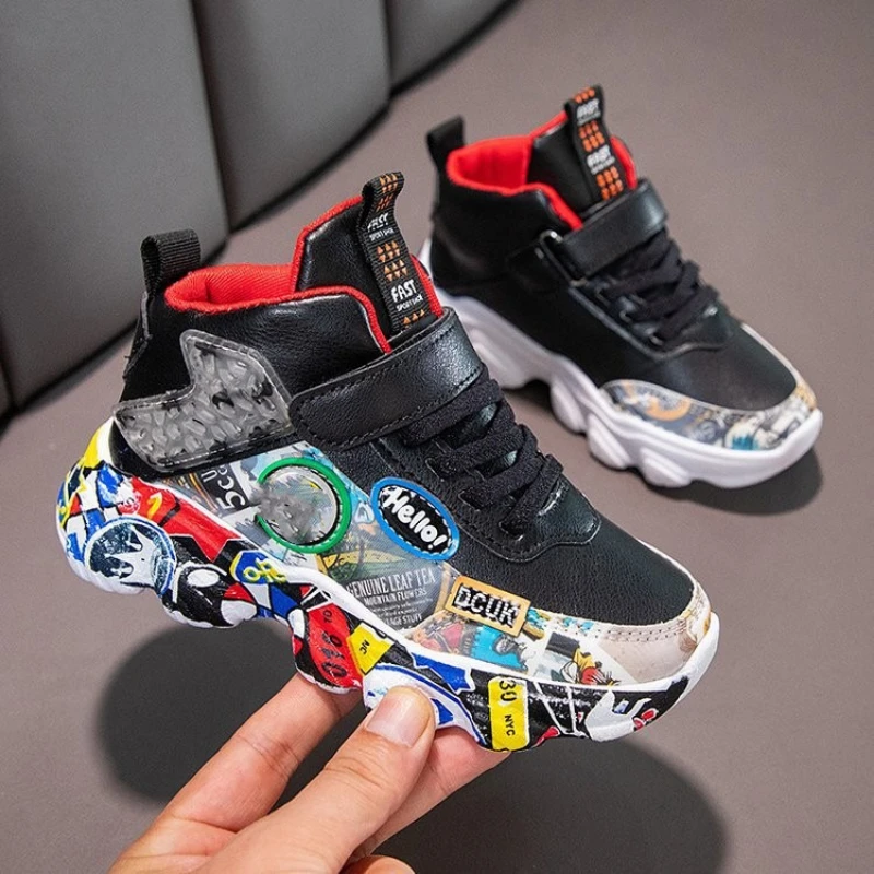 Boys Girls Casual Sneakers 2024 New High-top Leather Child Sports Shoes Art Graffiti Kids Running Shoe Outdoor Walking Footwear