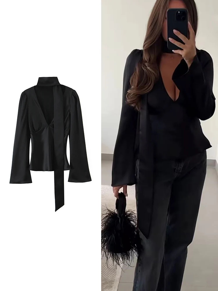 Весенняя новая женская рубашка с v-образным вырезом, элегантная расклешенная рубашка с длинными рукавами, модный повседневный офисный женский шарф, модная рубашка, женская одежда