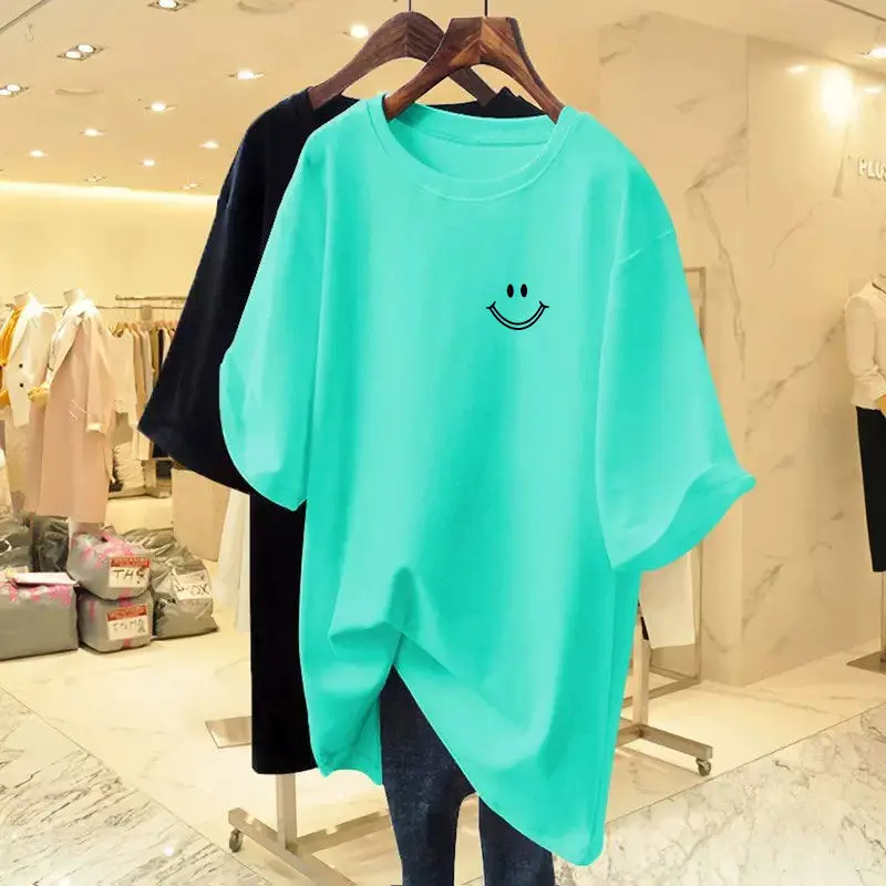 Summer Elegant Fashion Solid Smiling Face T-shirts Women Pure Cotton O-neck Short Sleeve Basic Top Tee Lady Pullovers 45-105Kg