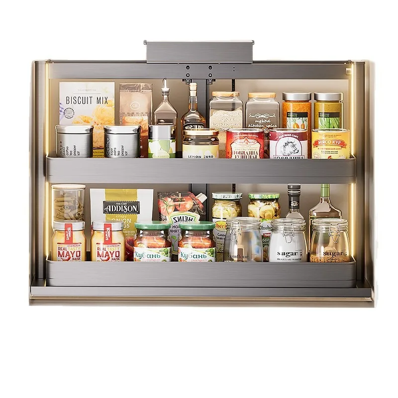 Smart Electric Vertical Lift Cabinet Basket Voice Touch Control Seasoning Organizer For Kitchen Wall Cabinet Storage Arrangement