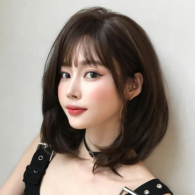 7JHH WIGS High Density Short Straight Chocolate Bob Wig for Women Daily Synthetic Layered Brown Hair Wigs with Curtain Bangs