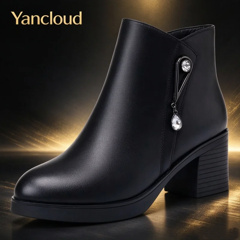 6cm Big Size 35-43 Fashion Elegant Med Block Heel Genuine Leather Boots Women's Shoes Winter 2026 Thick Wool Fur Ankle Boots Mom