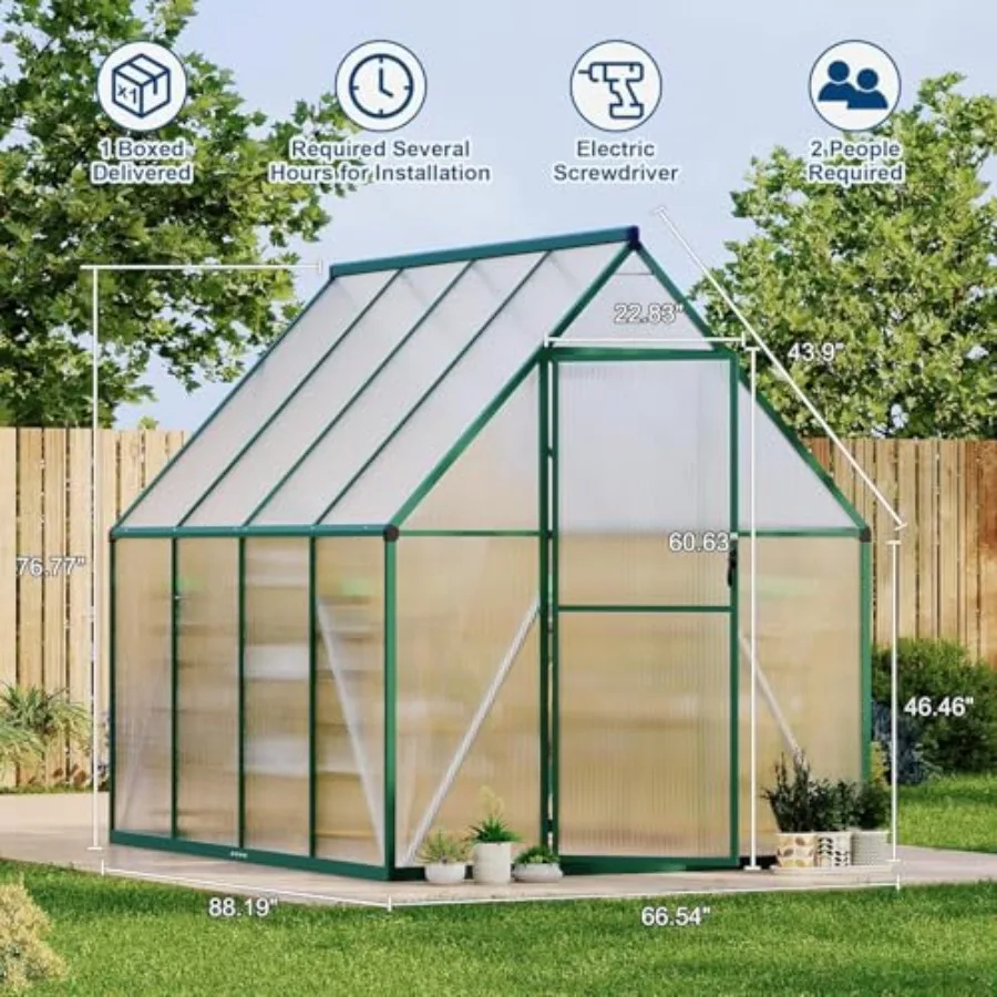 Outdoor greenhouse kit for all seasons: polycarbonate panels, green color, heavy-duty reinforced aluminum frame, adjustable roo