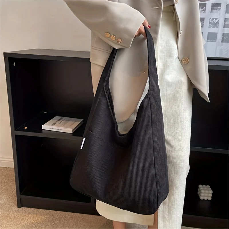 Women Stylish Simple Corduroy Bag Female Large Capacity Shoulder Bag Lady Tote Bag for School & Work