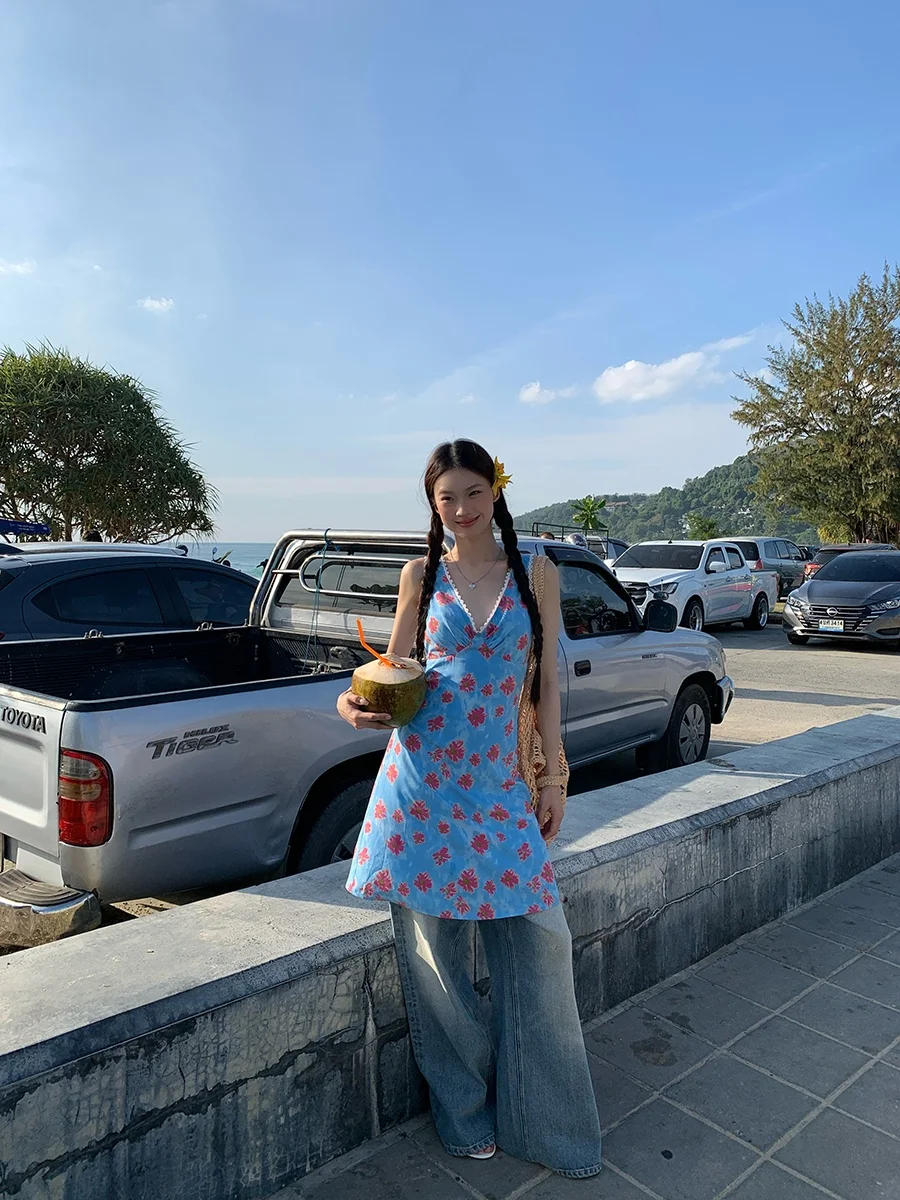 Blaue Spitze V-Ne Sommer Dr Damen Träger Hohe Taille A-Linie Rock Lässig Pendeln Sle Polyesterfaser No Sve Dr