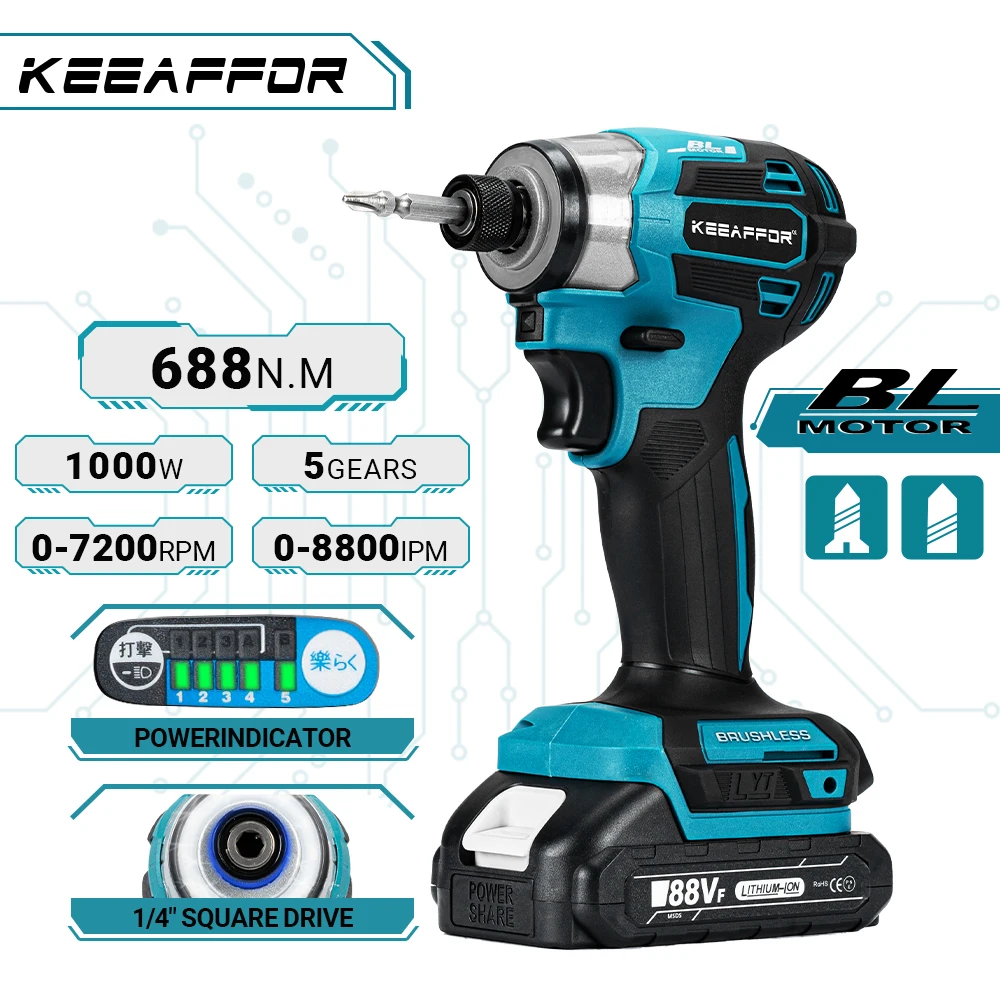 

KEEAFFOR 688N.M Brushless 5Gear Electric Screwdriver Wireless Electric Power Tool Impact Driver Kit Drill For Makita 18V Battery