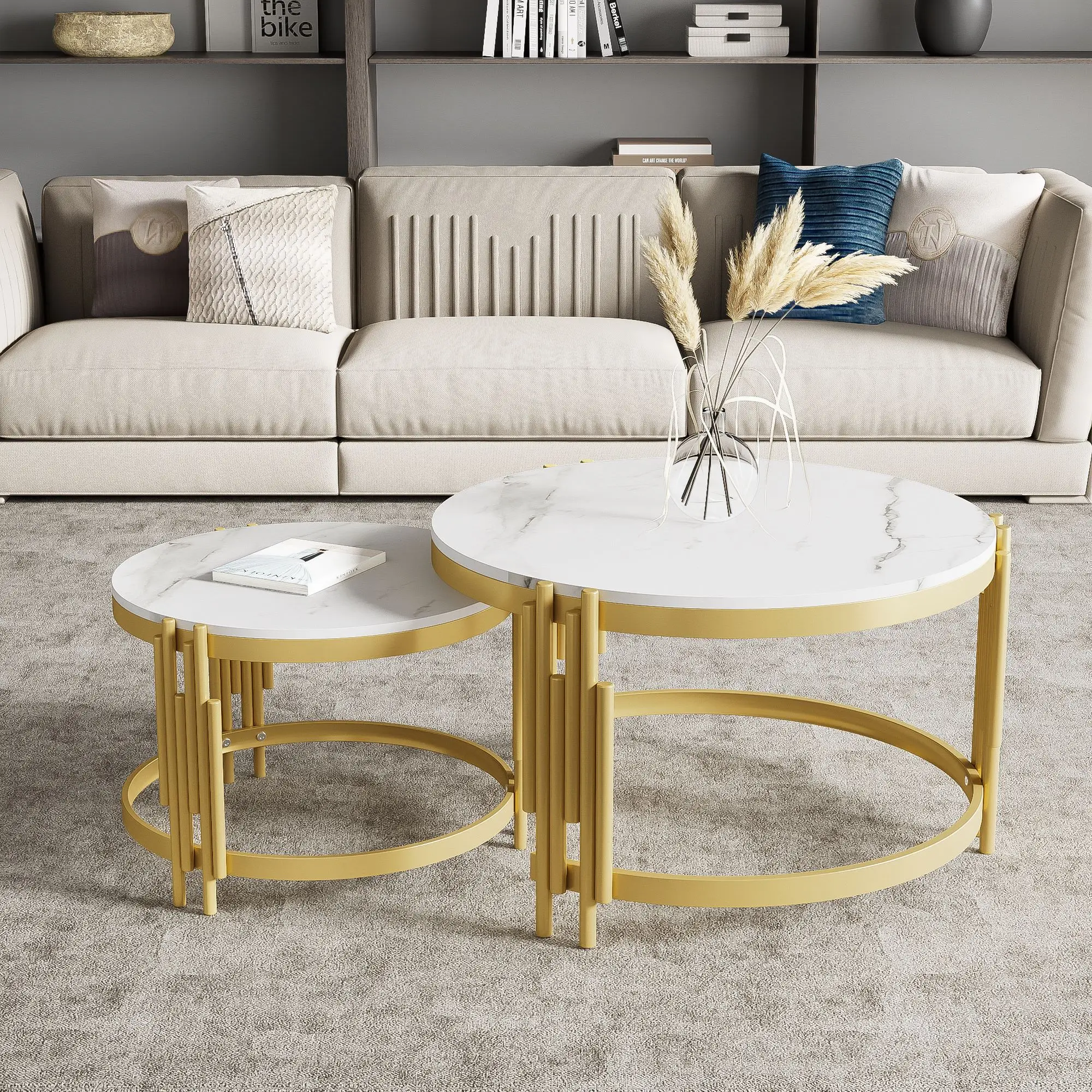 Nestable Coffee Table Set with Marble Effect Tops and Golden Metal Frame Design - Elegant Round Tables in Two Sizes, Side table