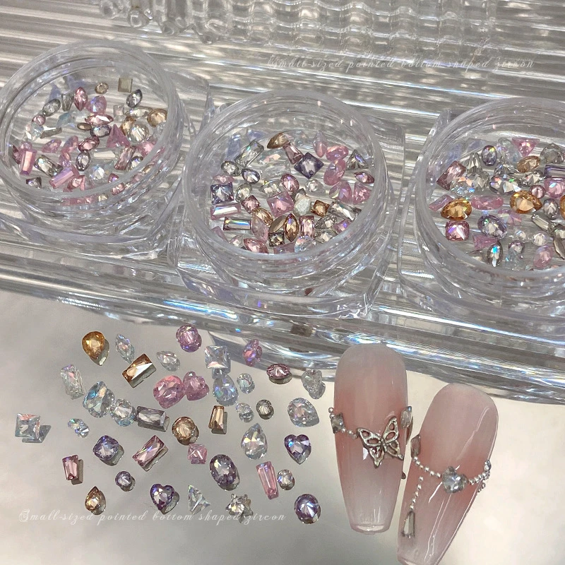 50pcs Mini Size Flat Bottom Nail Zircon Super Sparkling Multiple Shapes Micro Zirconium Mixed Color Diamond Charms Decoration
