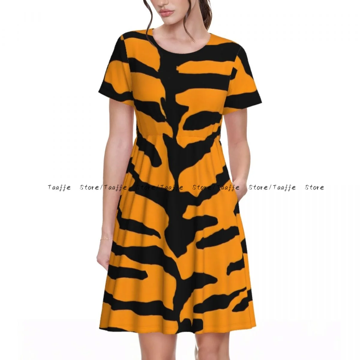 

Summer Tiger Skin Texture Dress Women Casual Round Neck Short Sleeve Dress