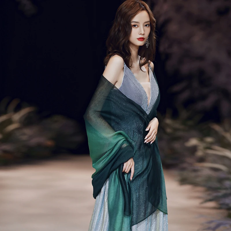グリーンシルクスカーフショルダーショールイブニングドレス用春秋アウターウェア女性のウェディングドランクンドレス装飾的な長い長方形