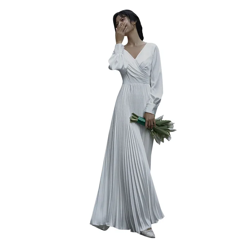 Легкое свадебное платье во французском стиле, элегантное простое атласное уличное платье с длинными рукавами для путешествий, обручальное платье для миниатюрного использования