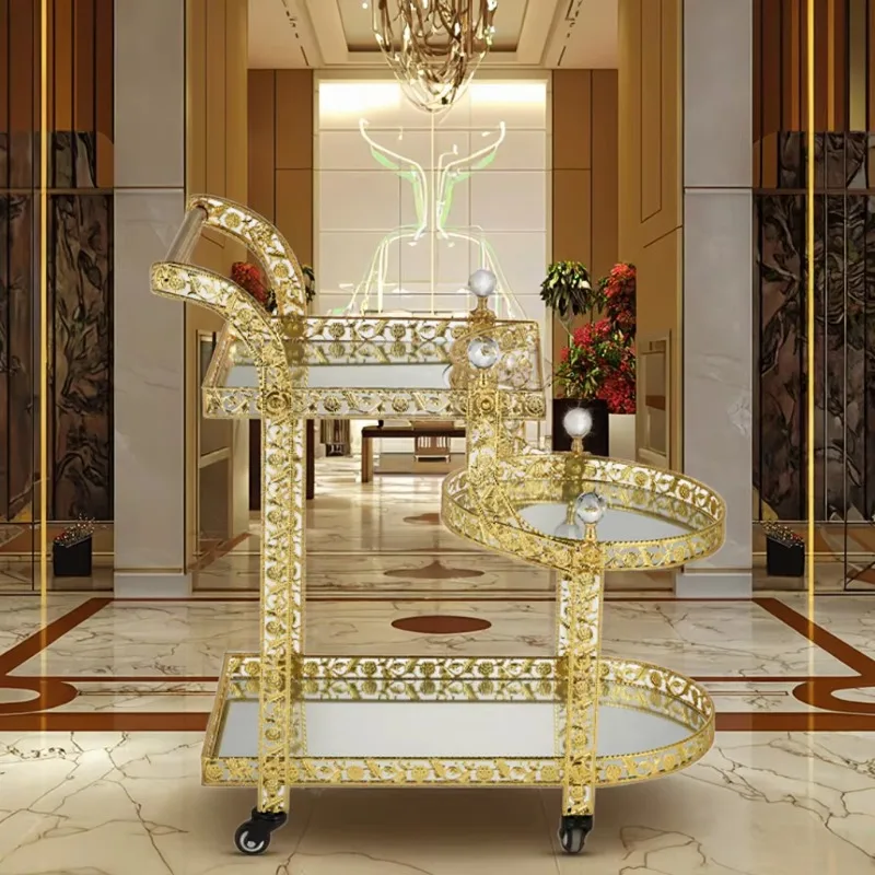 Modern Bamboo Hotel Dining Cart 3-layer Golden Wedding Dining Liquor Trolley Home Bar and Party Use Serving Trolley Wine Cart