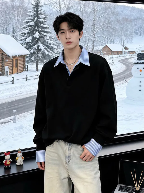 

Men's Winter Thiened Fce Lined Long Sve irt Fake Two-Piece Sweatirt Collar T-irt Bla Heavyweight Casual ...