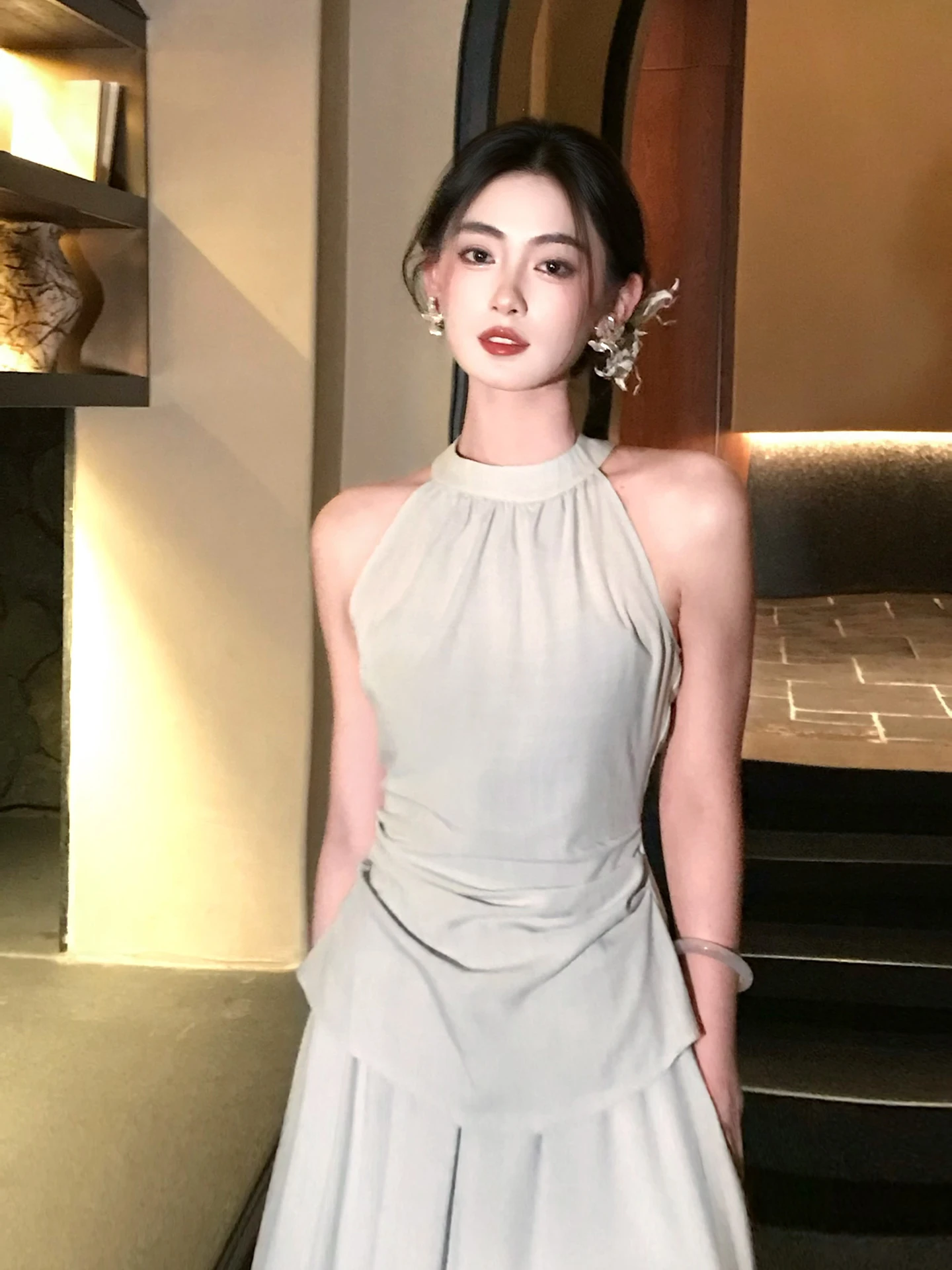 Lingshan High Waist Slim Fit Shirt And Skirt Set Women's Summer Fashion No Sleeve Neck Hanging Skirt Chinese Style