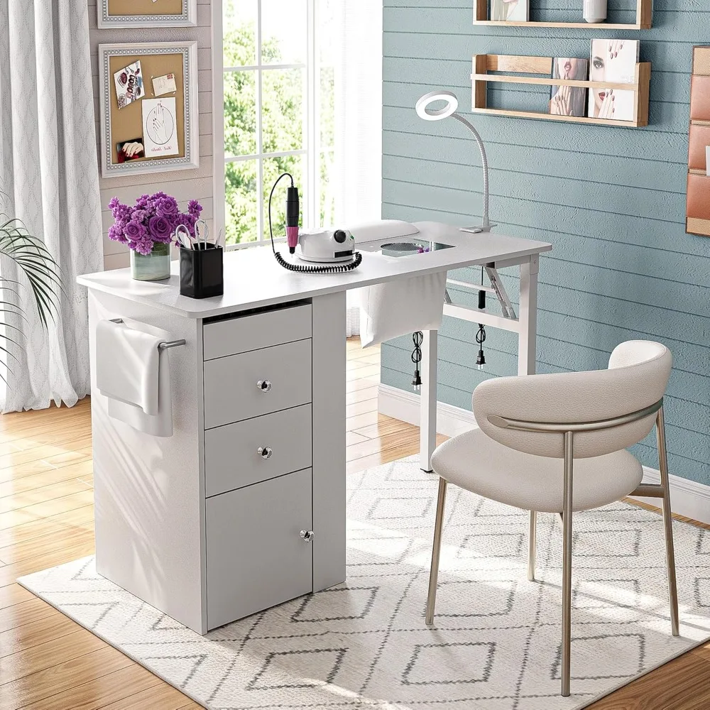 with LED Lamp, Wrist Rest, Rolling Nail Table for Salon, H,Foldable Nail Table with Dust Collector, Manicure Desk for Nail Tech
