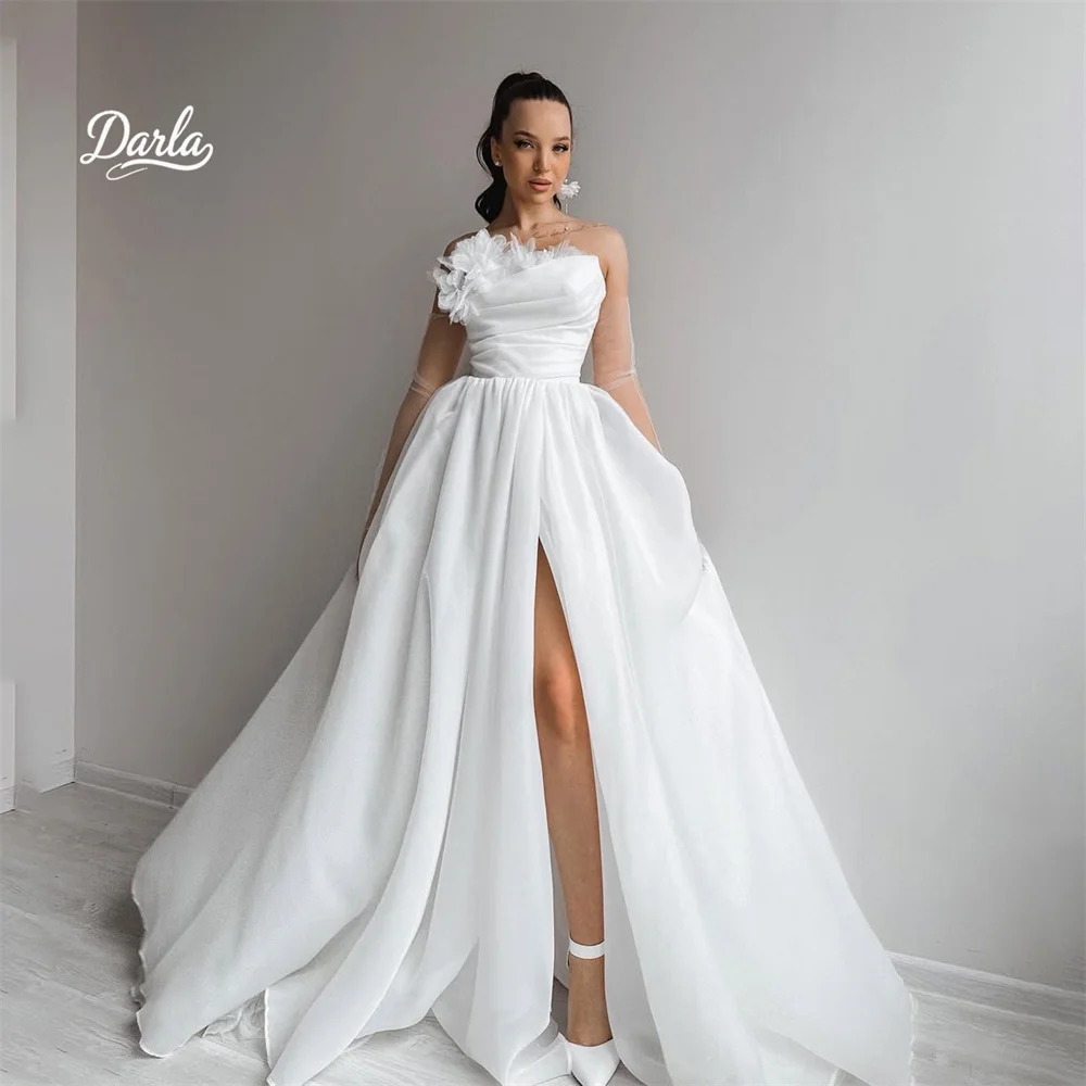 

Darla Customized Flower Sweetheart A-Line High Side Split Wedding Dress Tulle Sleeveless Strapless Charming Elegant Design