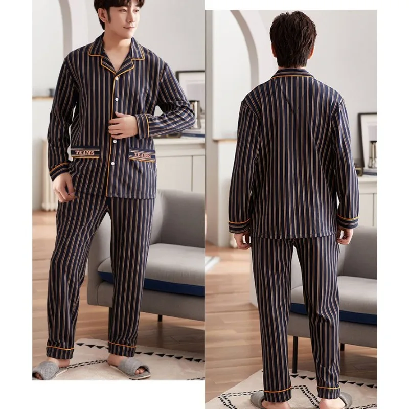 2024 New Pajamas Men Cotton Long Sleeve Middle-aged Youth Sleepwear Autumn Winter Plus Size Homewear Thin Suit V-neck Loungewear