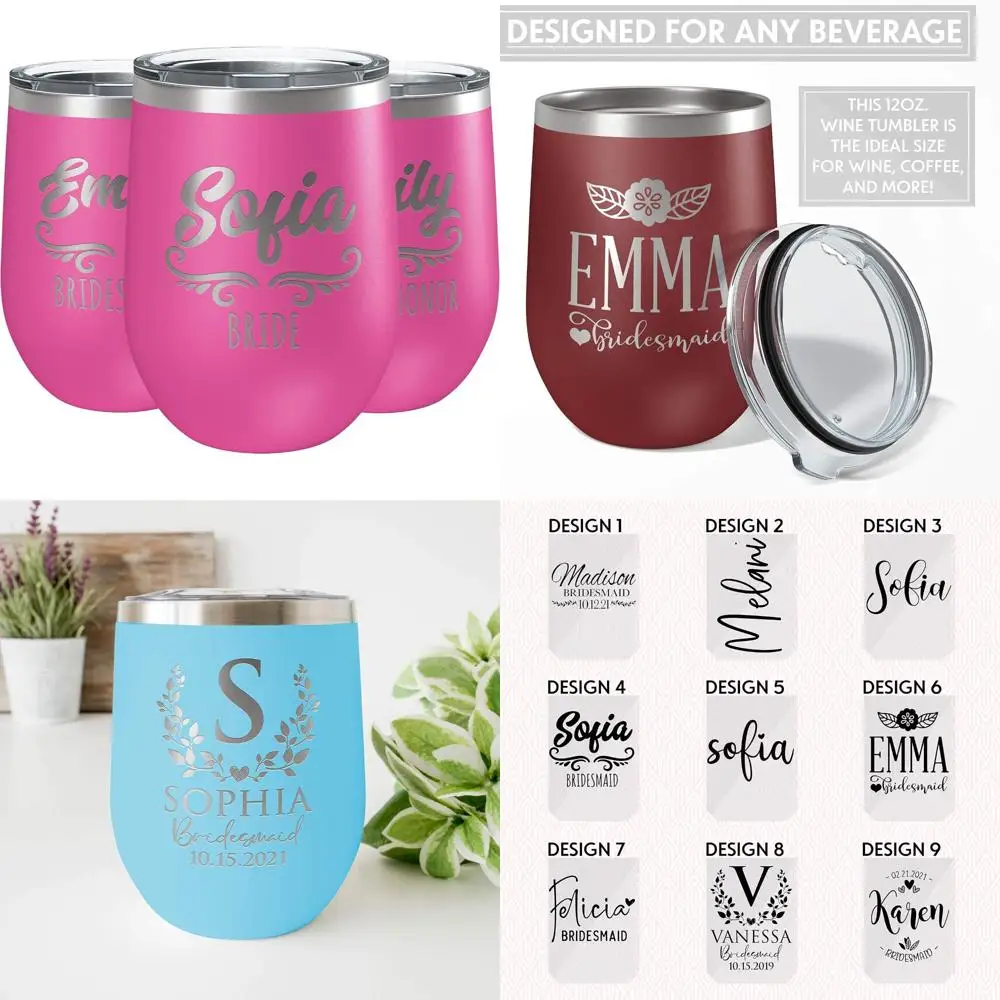 

Персонализированные ярко-розовые бокалы для вина без ножек на 12 унций, набор из 3 предметов для подружек невесты - уникальный подарок на свадьбу