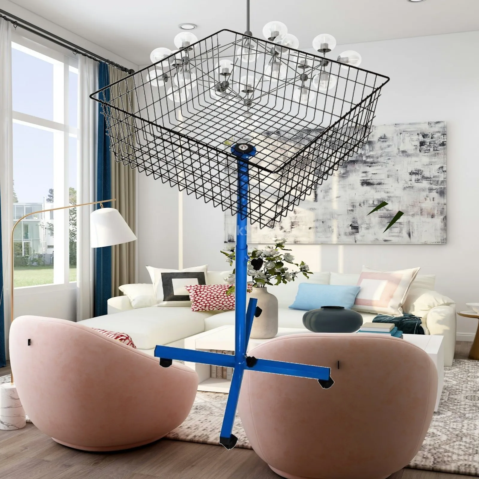 Mobile Table Tennis Ball Collector Stand with Adjustable Height and Sturdy Metal Mesh Basin for Court