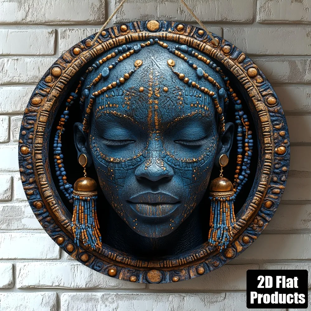 African Tribal Mask Metal Wall Art 8x8 Inch - 2D Circular Decor for Bar Kitchen Living Room Office Home Decoration Holiday Gift