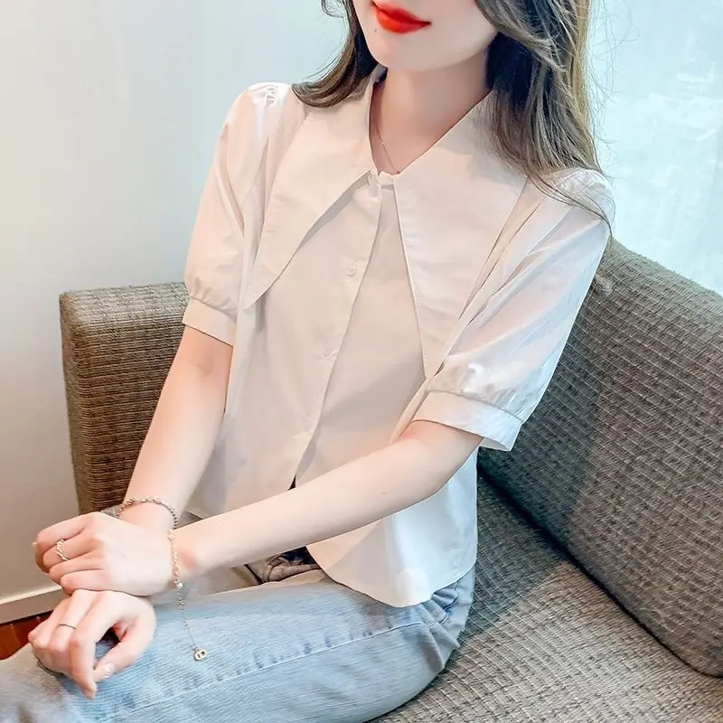 

Korean Preppy Style Summer Women's Solid Large Pointed Collar Single Breasted Puff Sleeve Simplicity Loose Short Sleeve Tops