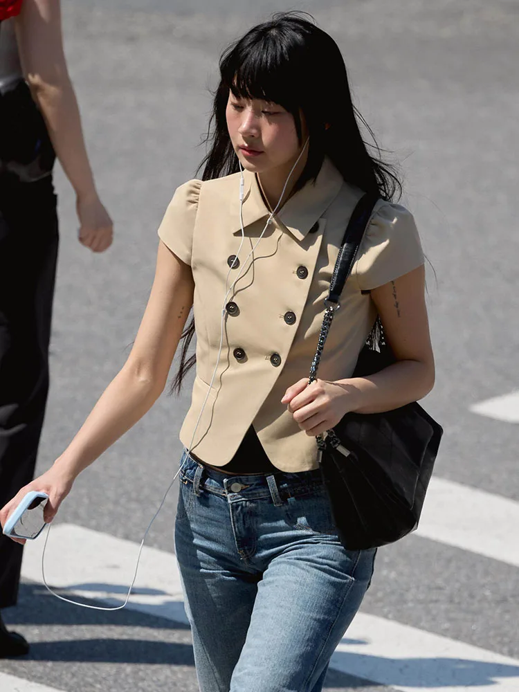 Sweet Style Short Sleeve Bubble Coat Double Row Buttons Turn-down Collar New Summer Fashion Women's Jacket 2026 New Arrival