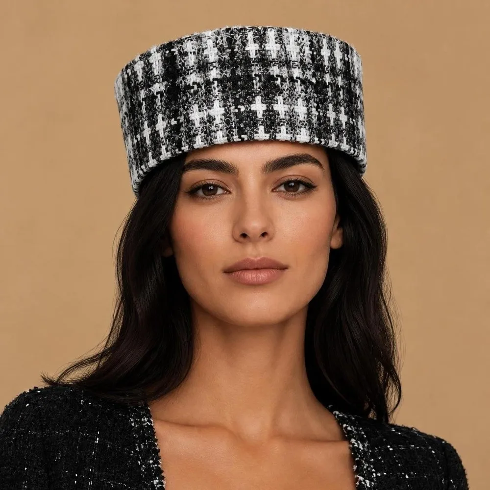 New Adjustable Top Hat for Women Winter Tweed Fabric Pillbox Cap British Retro Charming Cocktail Hat for Wedding Party