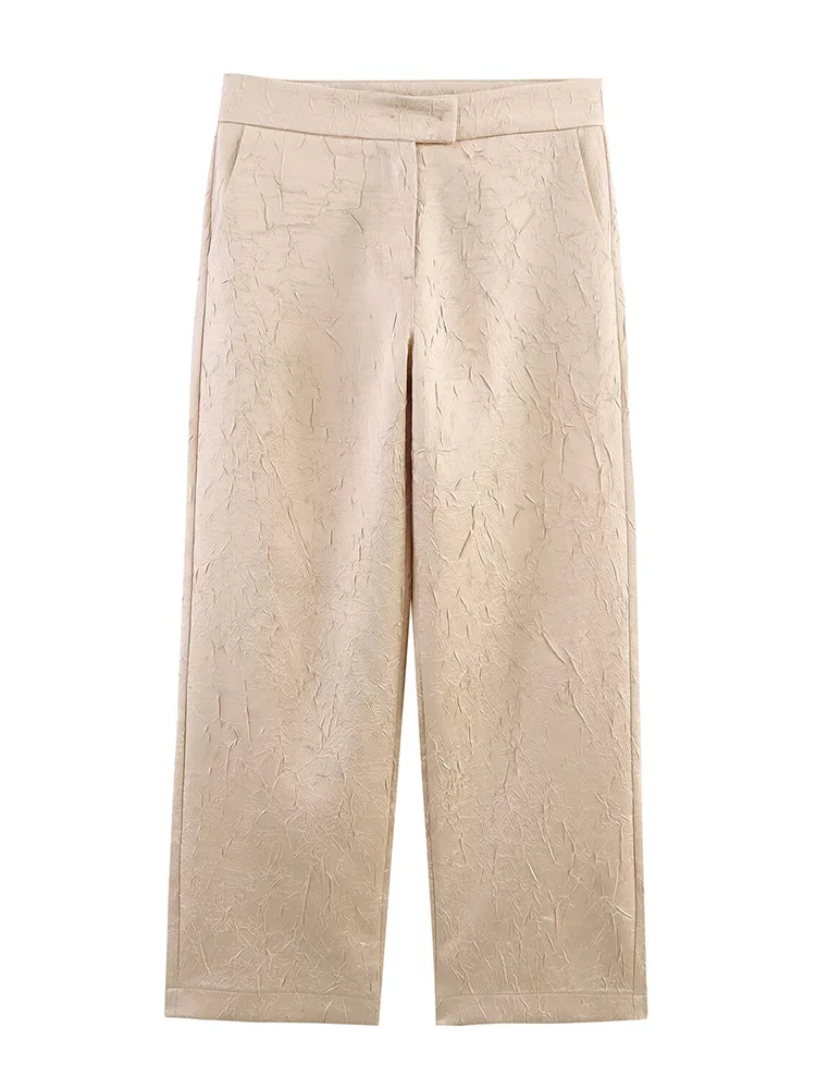 2025 เสื้อผ้าผู้หญิงใหม่สไตล์ยุโรปและอเมริกาจีบผลพื้นผิวสบายๆกางเกงเอวกลาง