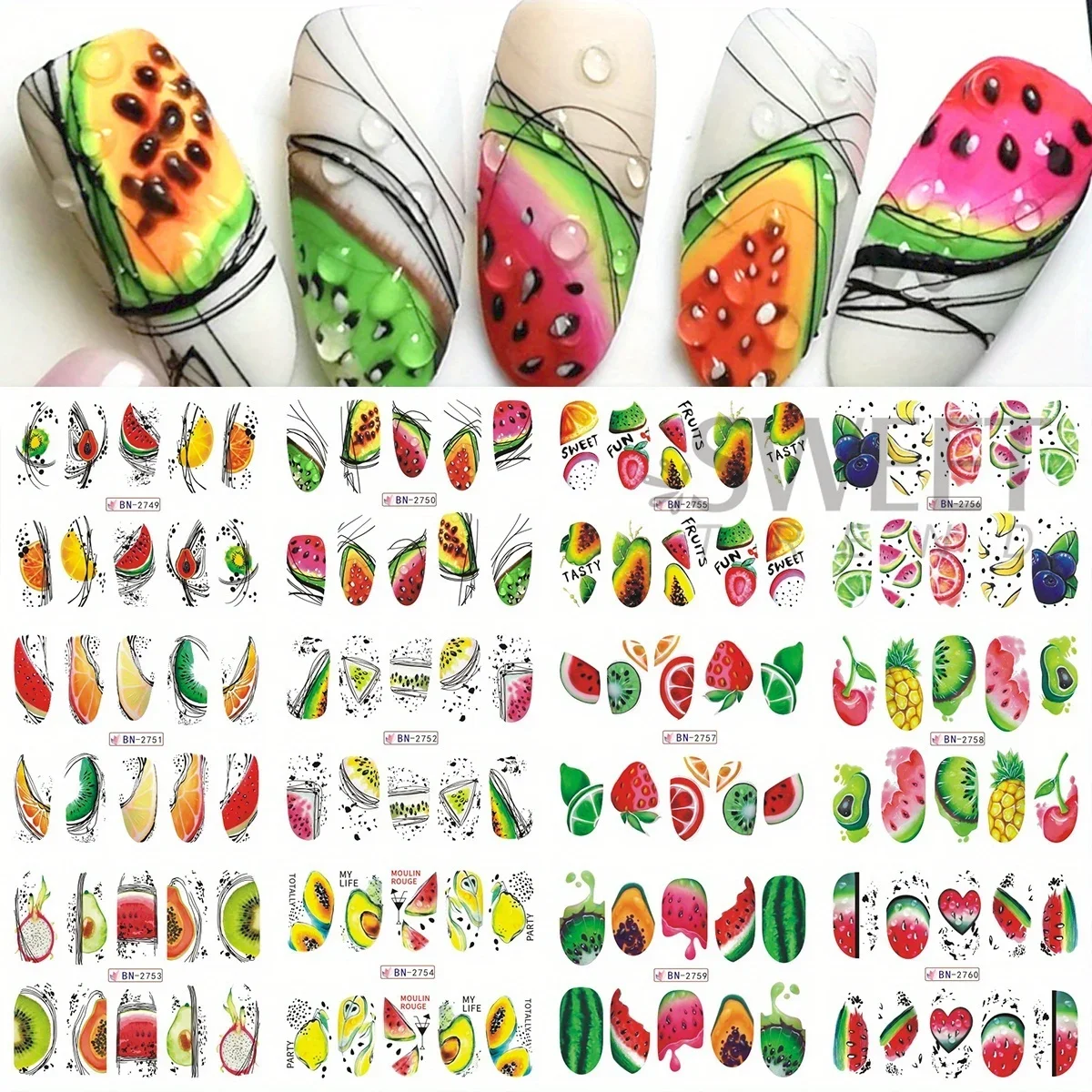 2 Sheet Abstract Line Fruit Water Nail Sliders Geometry Pawpaw Watermelon Avocado Image Decal Summer Tropical Charm Tattoo Foils