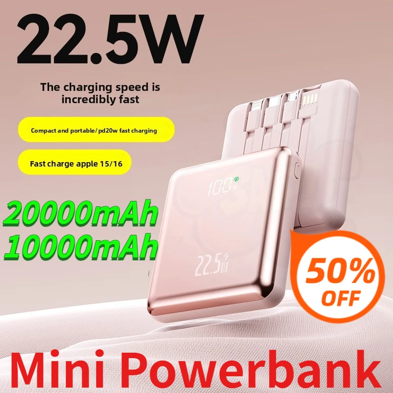 

20000mAh 10000mAh Ultra Thin Power Bank Built-in Cable Fast Charging Portable External Battery Mini Powerbank for IPhone Android